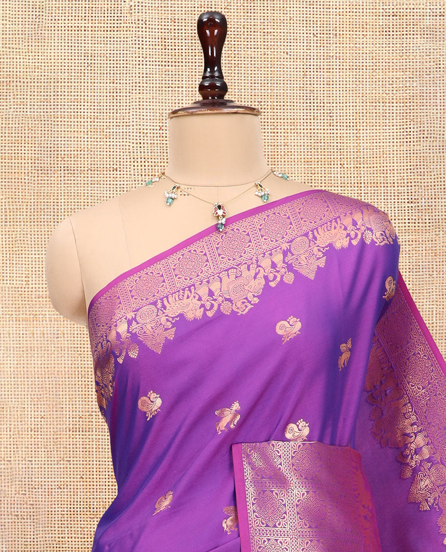 Purple Soft Silk Saree, Accentuated with Horse-Peacock Buttas, a Zari Border, Jaal Pallu, and a Matching Blouse