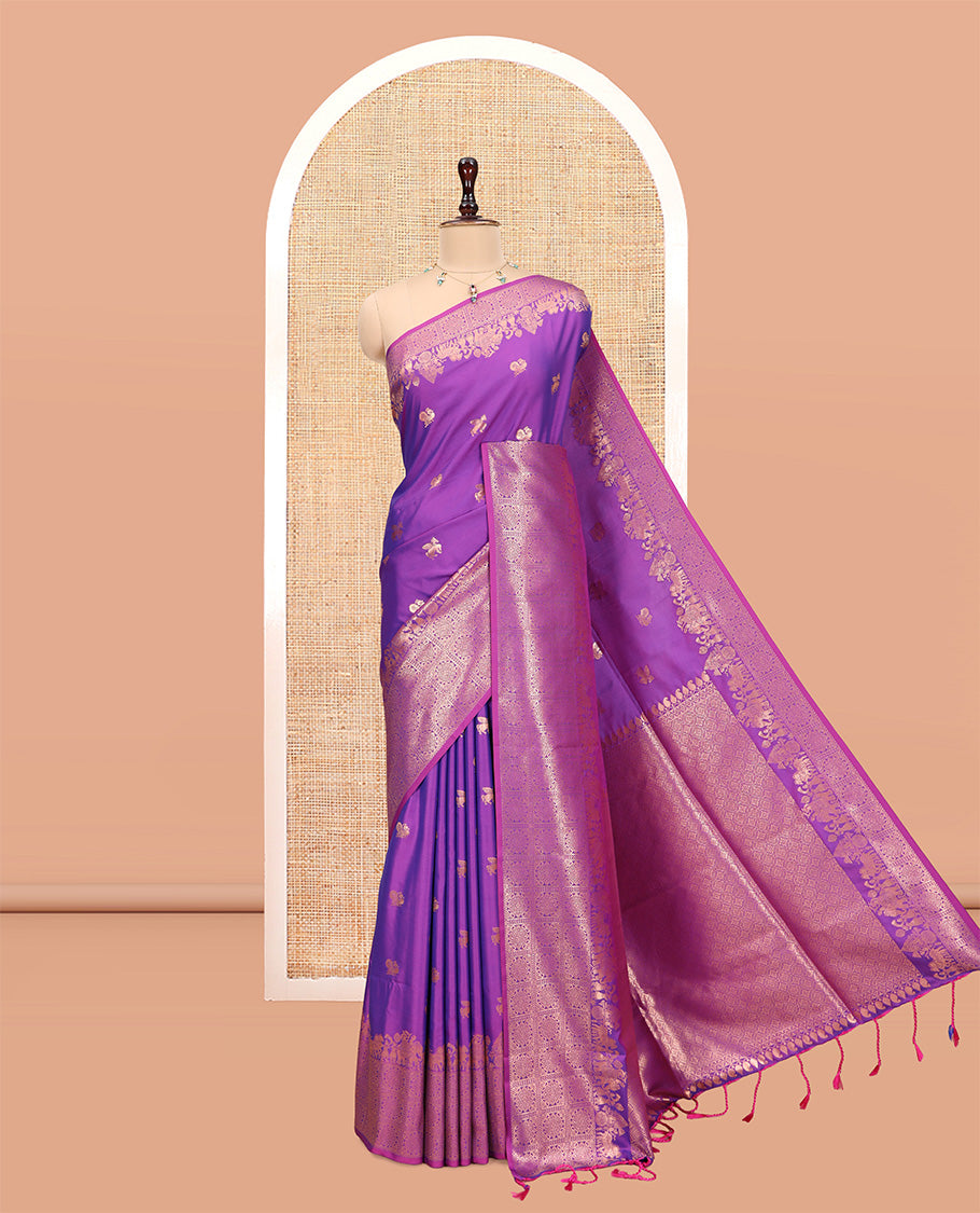 Purple Soft Silk Saree, Accentuated with Horse-Peacock Buttas, a Zari Border, Jaal Pallu, and a Matching Blouse