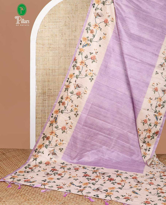Lavender zari butta fancy tussar saree with bird digital floral design border & digital print pallu along with floral print blouse