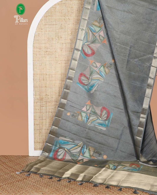 Grey geometric print crush tissue saree with zari border & tissue pallu along with plain blouse