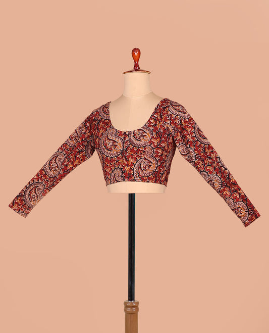 Red paisley vine printed front-back round neck full-sleeve cotton readymade blouse