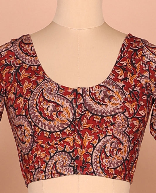 Red paisley vine printed front-back round neck full-sleeve cotton readymade blouse