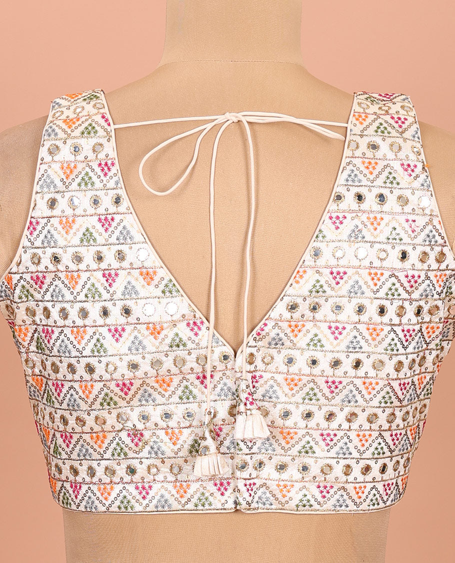 Cream colorful geometric motifs thread embroidered front-back v-neck sleeveless readymade blouse