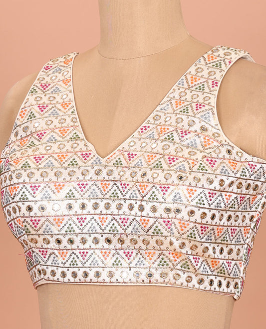 Cream colorful geometric motifs thread embroidered front-back v-neck sleeveless readymade blouse