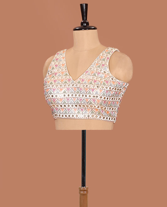 Cream colorful geometric motifs thread embroidered front-back v-neck sleeveless readymade blouse