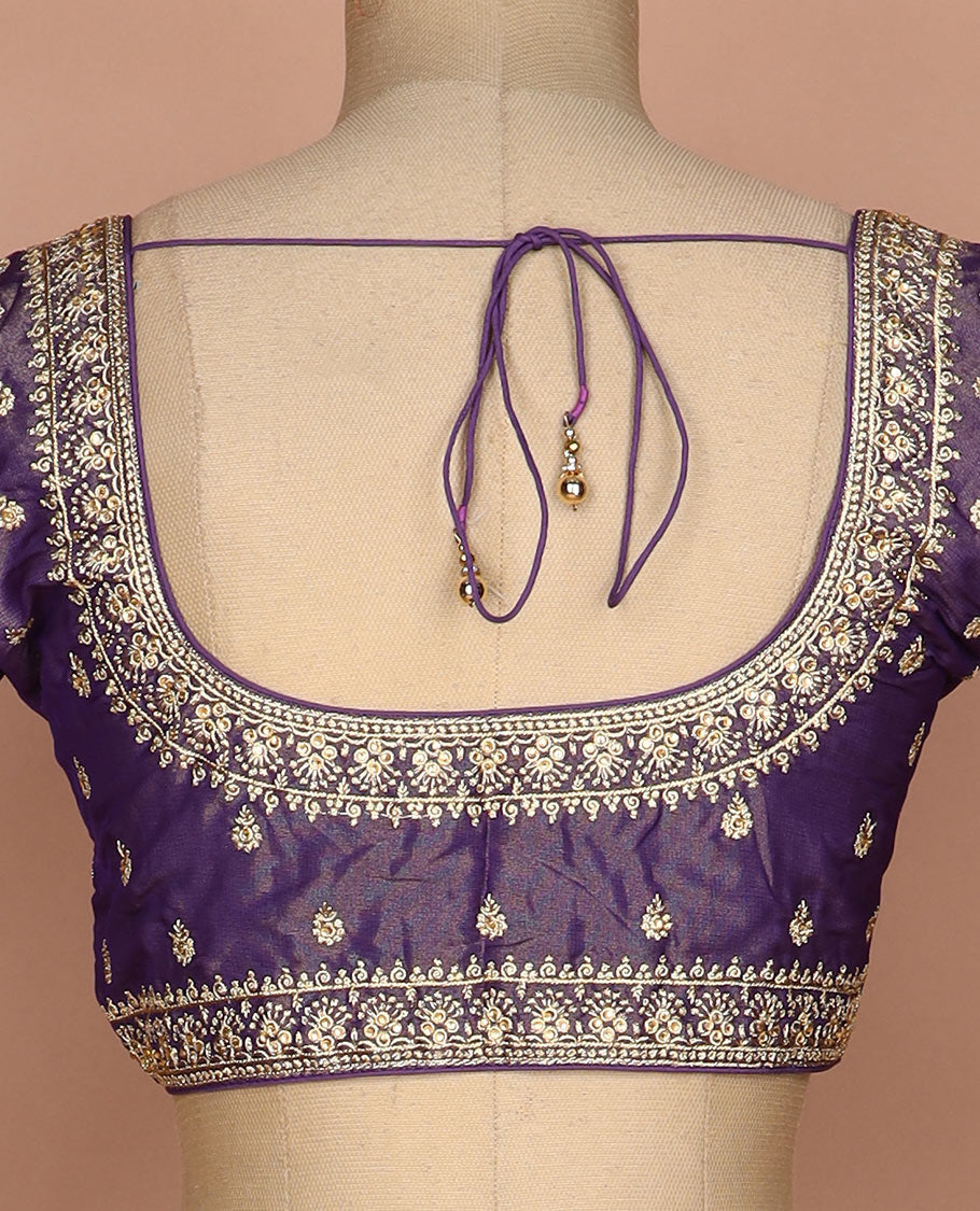 Purple thread and sequins embroidered round neck elbow sleeve raw silk readymade blouse