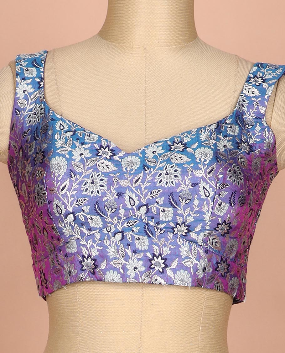 Blue dual-toned floral jaal jacquard sweet-heart neck thick strapped sleeveless banarasi readymade blouse