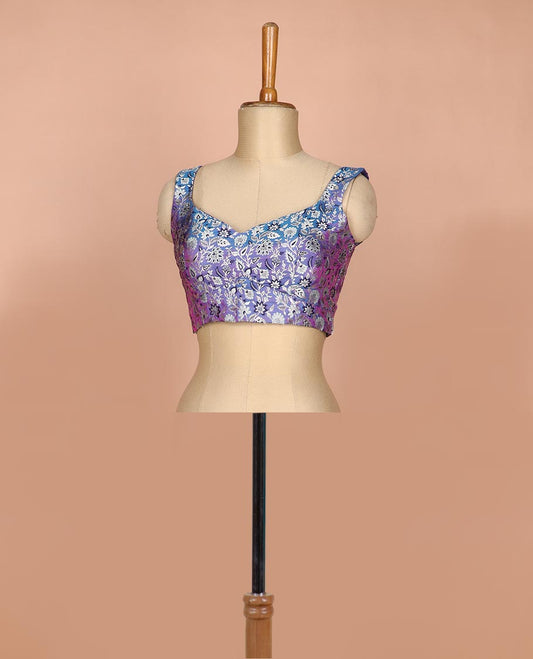 Blue dual-toned floral jaal jacquard sweet-heart neck thick strapped sleeveless banarasi readymade blouse