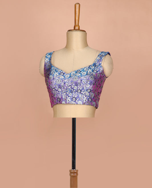 Blue dual-toned floral jaal jacquard sweet-heart neck thick strapped sleeveless banarasi readymade blouse