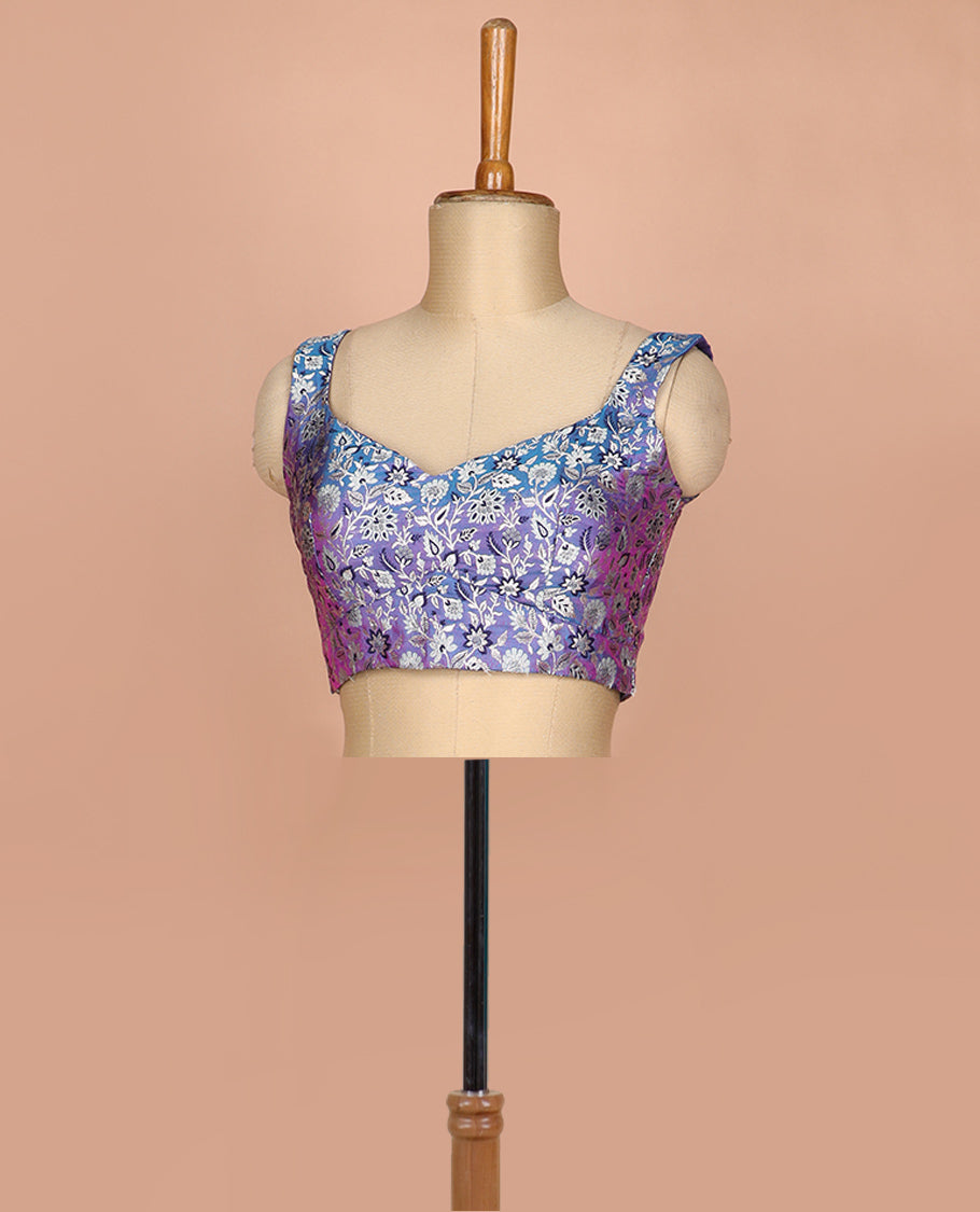 Blue dual-toned floral jaal jacquard sweet-heart neck thick strapped sleeveless banarasi readymade blouse