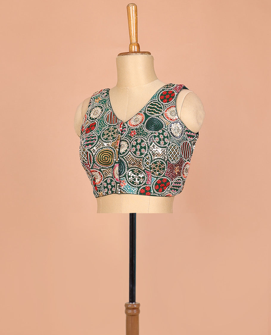 Green circle motifs intricately thread & sequins embroidered leaf-neck sleeveless readymade blouse