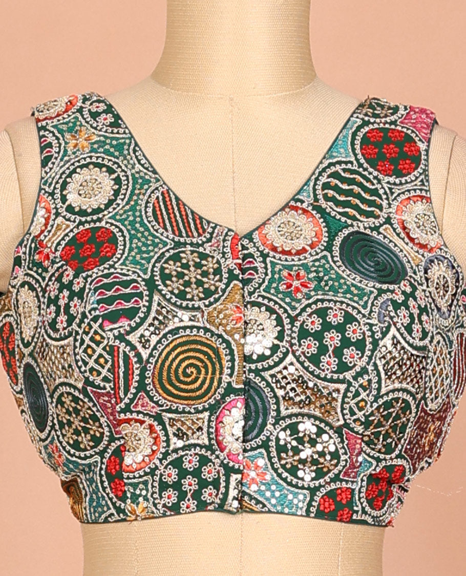 Green circle motifs intricately thread & sequins embroidered leaf-neck sleeveless readymade blouse