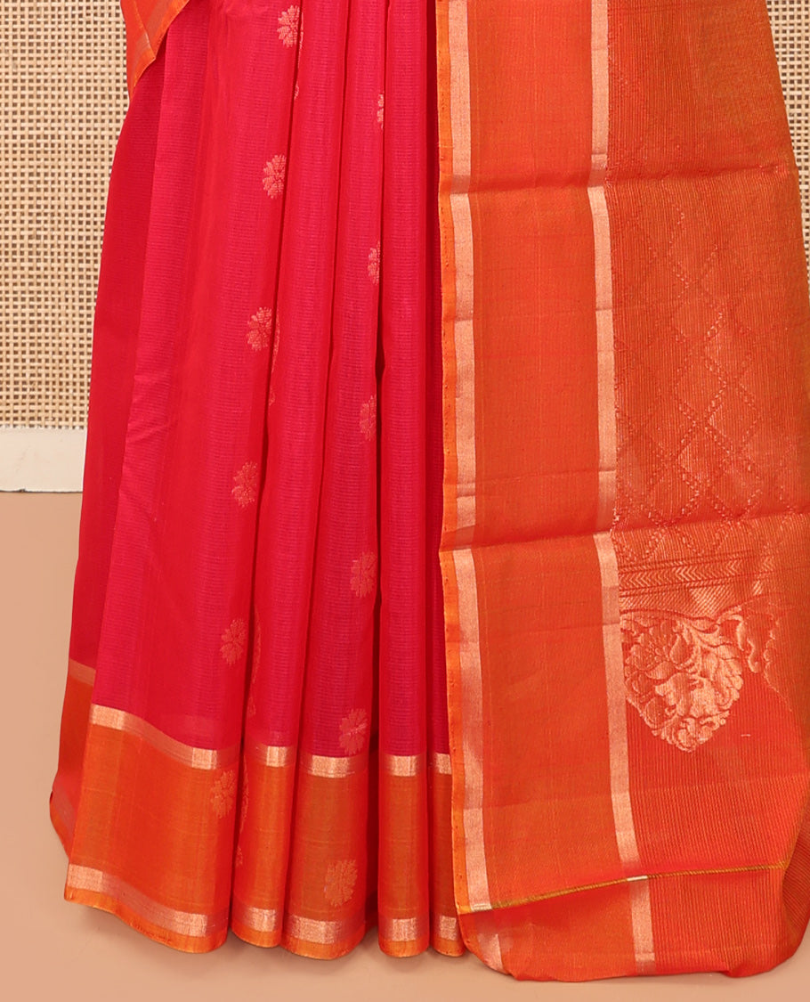 Pink Silk Cotton Saree, Mesmerized with Zari Buttas, a Contrast Floral Creeper Border, Floral Pallu, and a Contrast Blouse