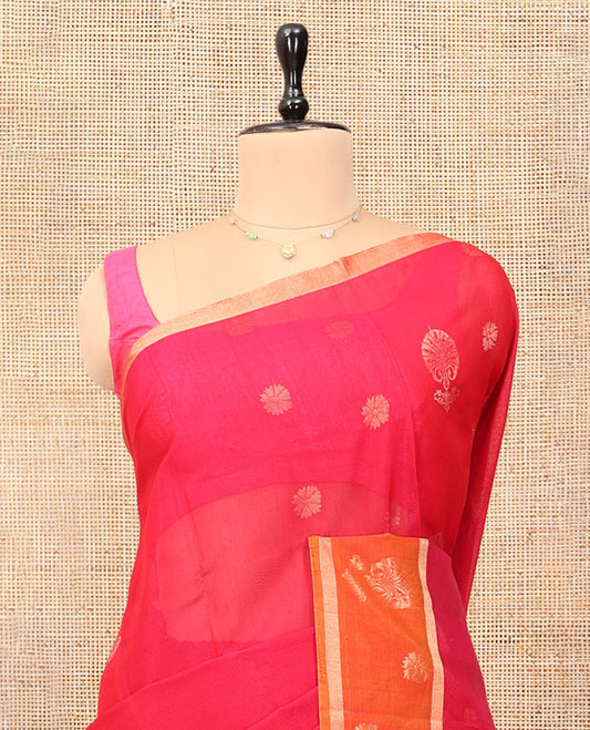 Pink Silk Cotton Saree, Mesmerized with Zari Buttas, a Contrast Floral Creeper Border, Floral Pallu, and a Contrast Blouse