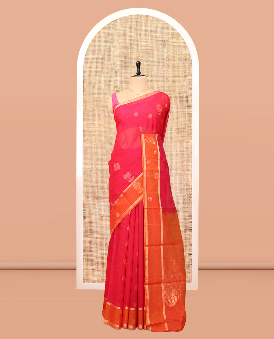 Pink Silk Cotton Saree, Mesmerized with Zari Buttas, a Contrast Floral Creeper Border, Floral Pallu, and a Contrast Blouse