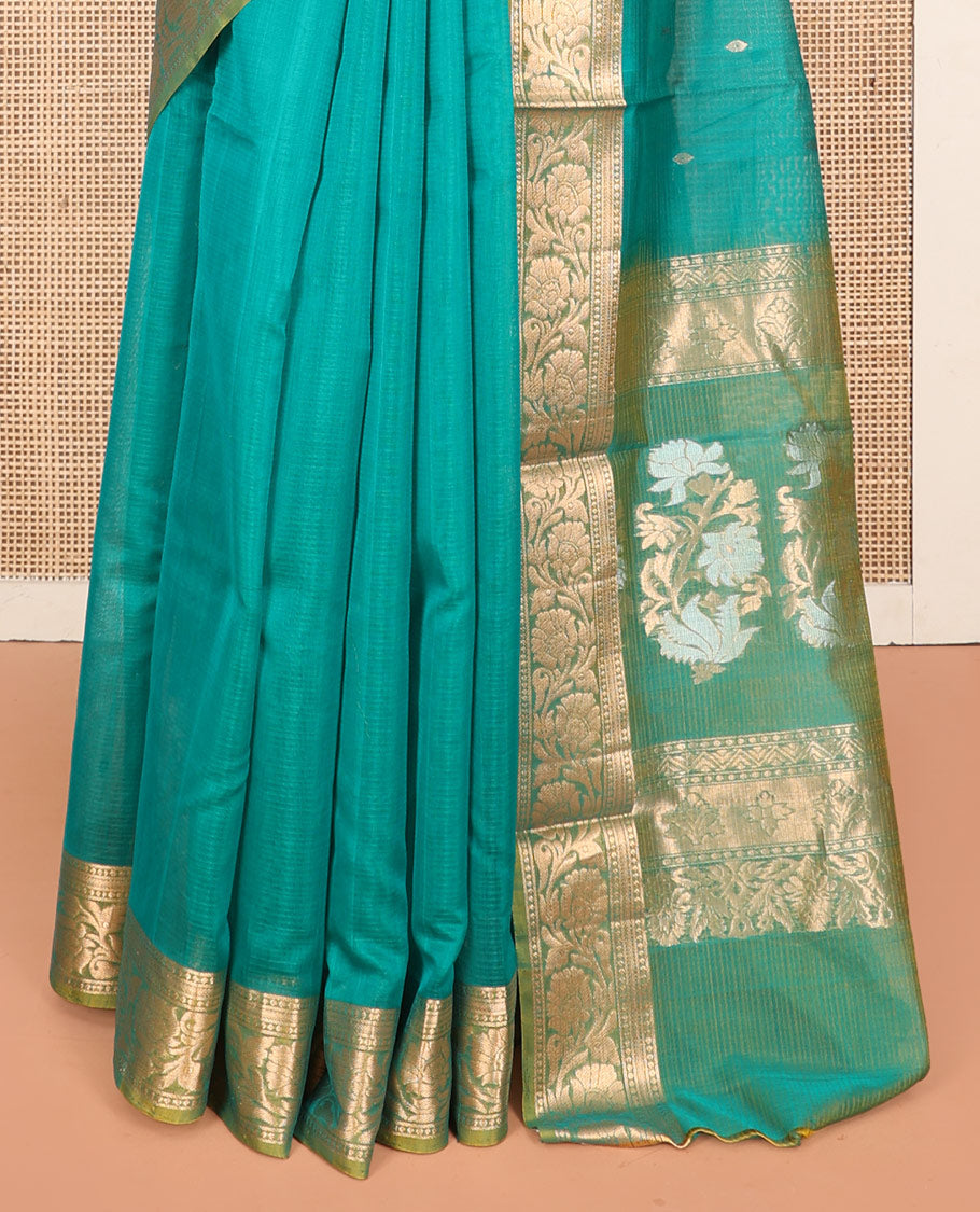 Green Silk Cotton Saree, Detailed with Buttas, Complemented by Contrast Floral Creeper Border, Pallu of Floral Designs, and Contrast Blouse