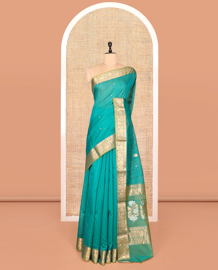 Green Silk Cotton Saree, Detailed with Buttas, Complemented by Contrast Floral Creeper Border, Pallu of Floral Designs, and Contrast Blouse
