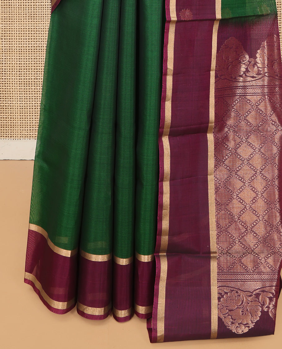 Green Cotton Saree, Enriched with Floral Buttas, a Contrast One-Side Big Floral Zari Butta Border, a Jaal Pallu, and a Contrast Blouse