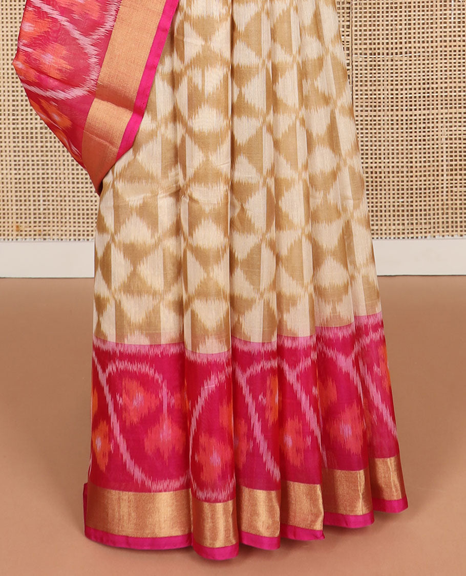 Cream geometric design silk cotton saree with contrast floral design & ikkat style floral design pallu