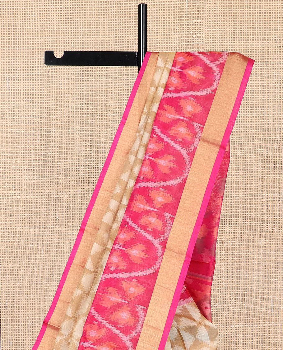 Cream geometric design silk cotton saree with contrast floral design & ikkat style floral design pallu