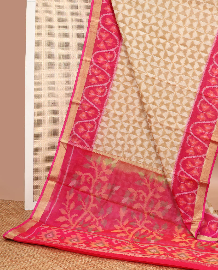 Cream geometric design silk cotton saree with contrast floral design & ikkat style floral design pallu