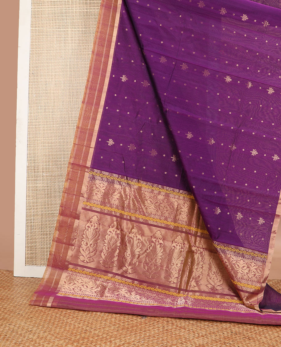 Purple floral motifs silk cotton saree with contrast zari border & floral design pallu