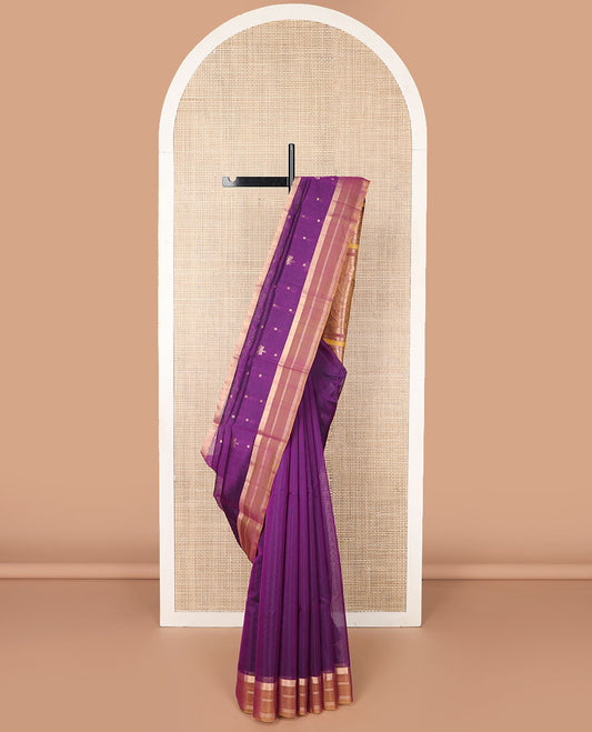 Purple floral motifs silk cotton saree with contrast zari border & floral design pallu