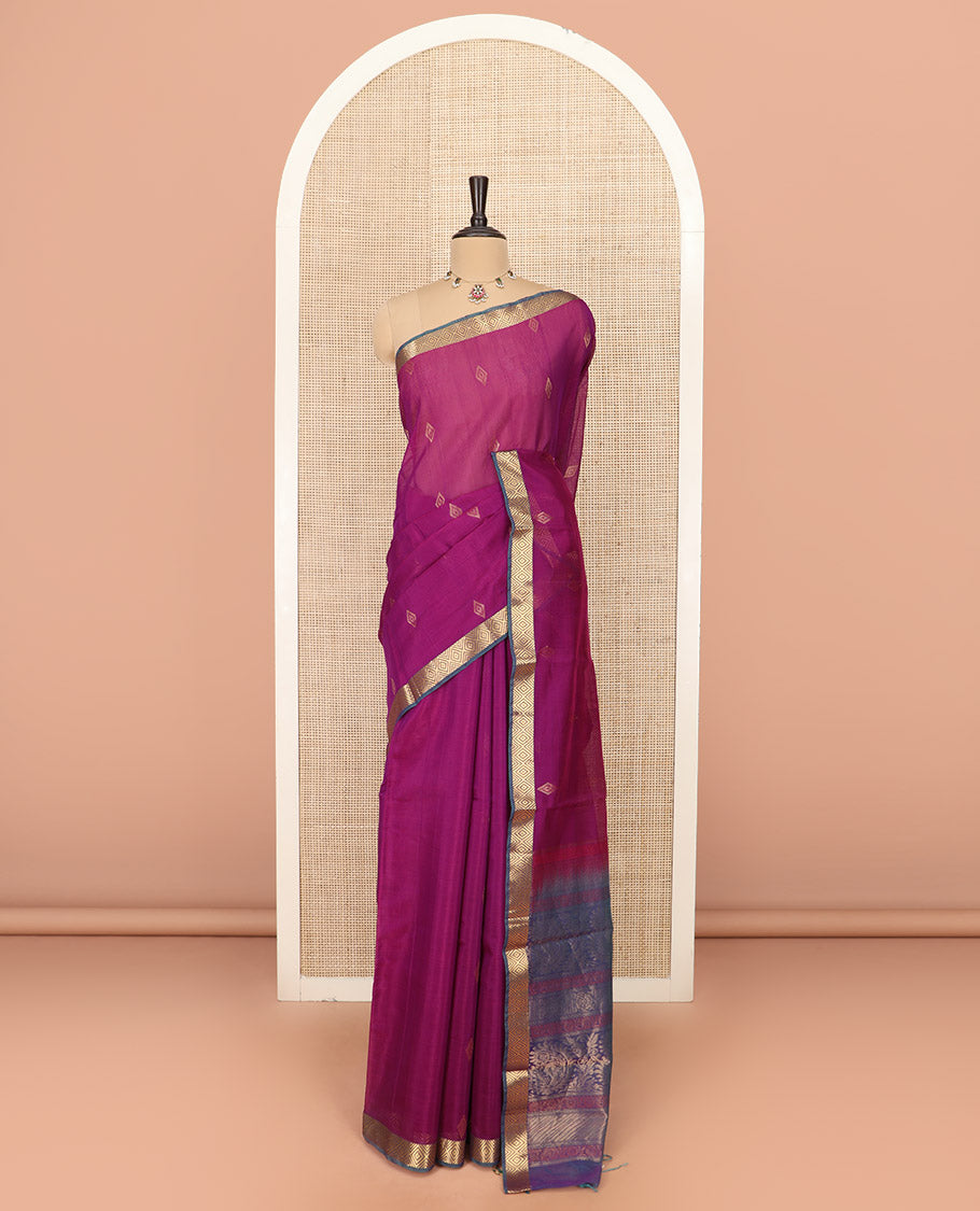Rani Pink Silk Cotton Saree Subtly Sparkled with Diamond Buttas All Over the Body, Highlighted with Contrast Diamond Patterned  Border, Contrast Pallu Elevated with Intricate Design, and Paired with a Contrast Blouse