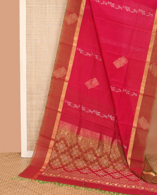 Red floral creeper and zari buttas silk cotton saree, contrast zari buttas border, and zari floral diamond patterned pallu