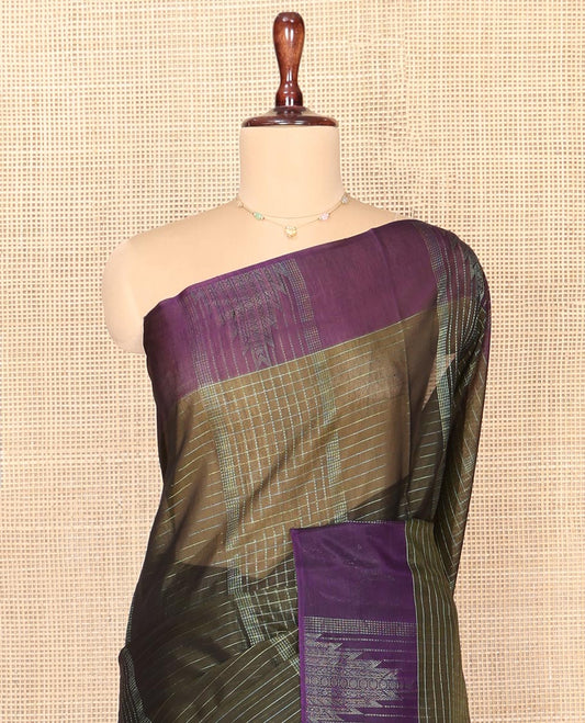 Green Silk Cotton Saree, Embellished with Stripes and Checks, Complemented by a Contrast Temple Border, Intricately Designed Pallu, and a Contrast Blouse