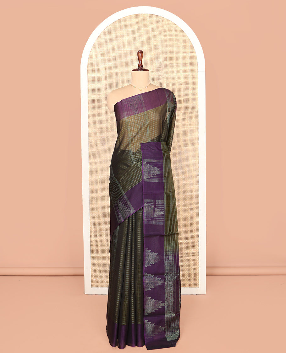 Green Silk Cotton Saree, Embellished with Stripes and Checks, Complemented by a Contrast Temple Border, Intricately Designed Pallu, and a Contrast Blouse
