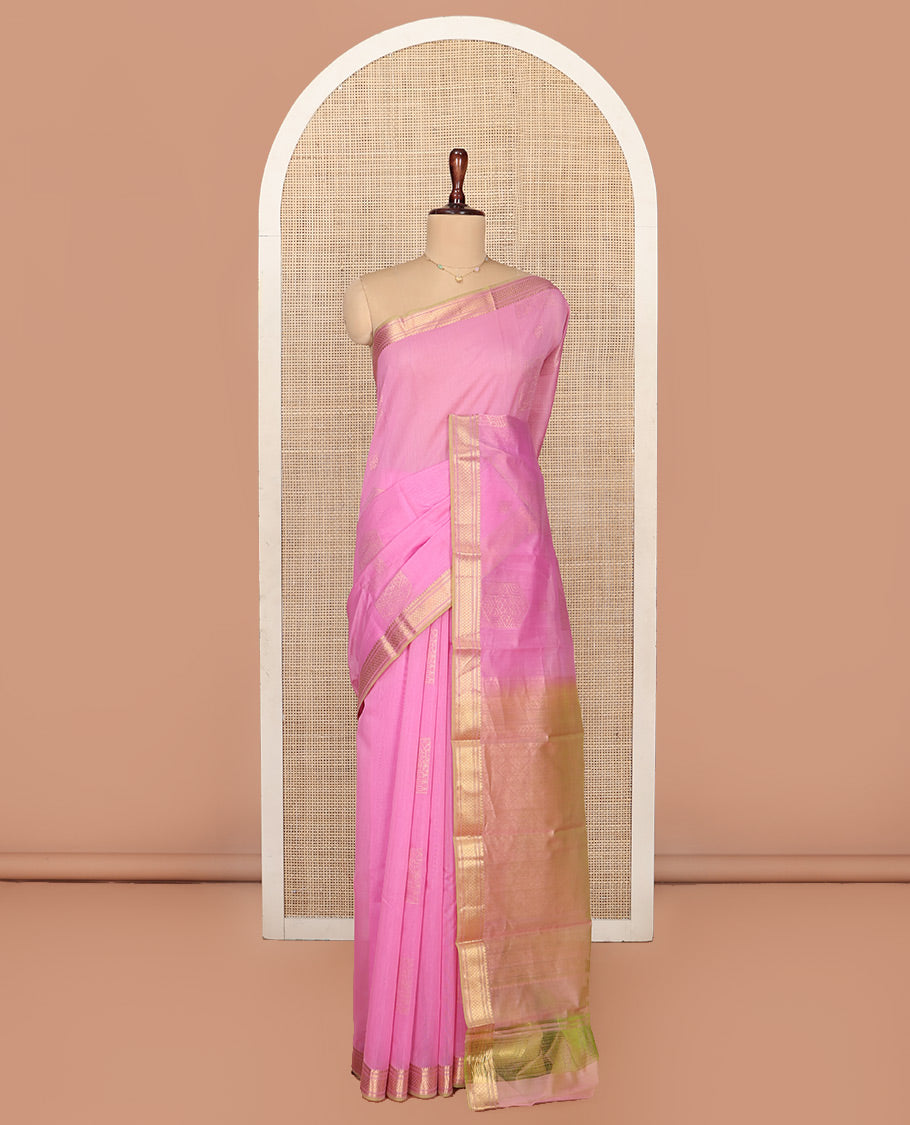 Pink Silk Cotton Saree, Sparsely Woven with Geometric Buttas All Over Its Body, Highlighted by Traditional Zari Designs Woven Border, Intricately Designed Pallu and Paired with a Matching Blouse