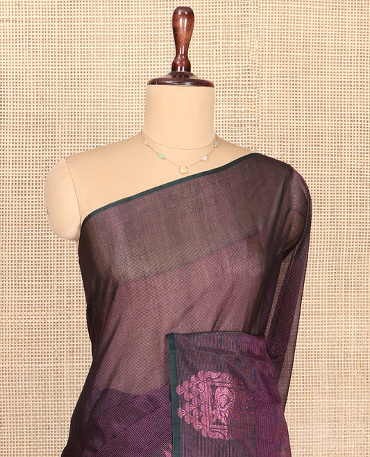 Purple Silk Saree, Subtly Woven with Buttas All Over Its Body,  Complemented by Peacock Charriot Motifs Woven Border, Temple Design Pallu and Paired with a Contrast Blouse