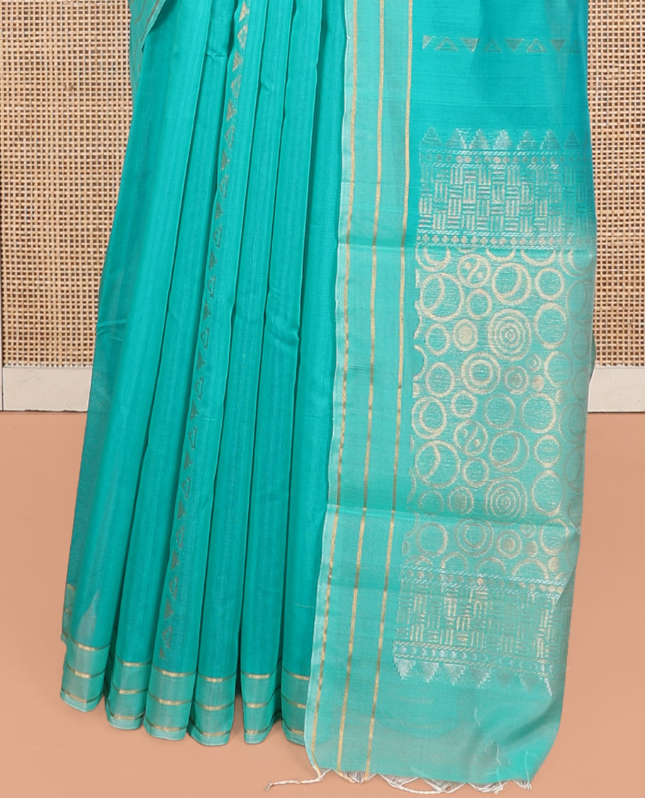 Turquoise Silk Cotton Saree, Delicately Woven with Zari Buttas, Zari Striped Border, Geometric Patterned Pallu, and a Matching  Blouse