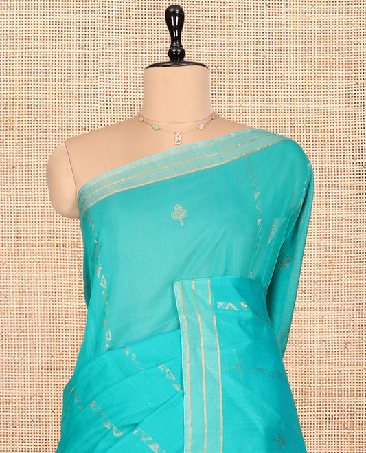 Turquoise Silk Cotton Saree, Delicately Woven with Zari Buttas, Zari Striped Border, Geometric Patterned Pallu, and a Matching  Blouse