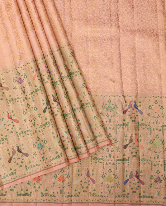 Peach zari jacquard silk saree, paithani-style bird & tree motifs, resham meenakari thread border & zari jaal pallu