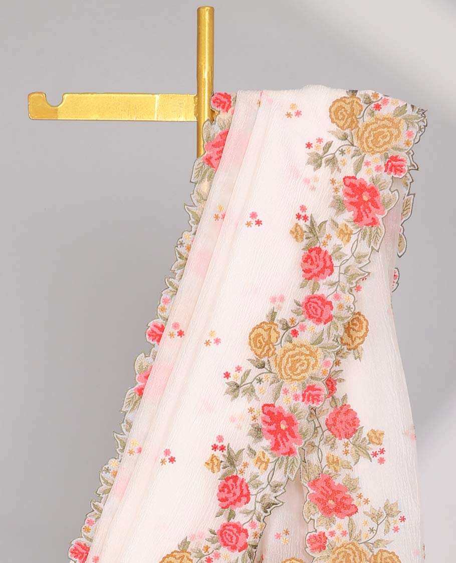 Yellow crushed tissue saree with scallop floral border & motif embroidery pallu