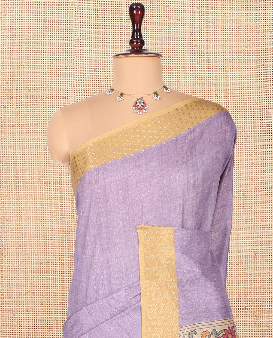 Lavender Plain Fancy Tussar Silk Saree, Contrast Triangle Motif Border, Pallu of Kalamkari Peacock Motifs, and Contrast Kalamkari Printed Blouse