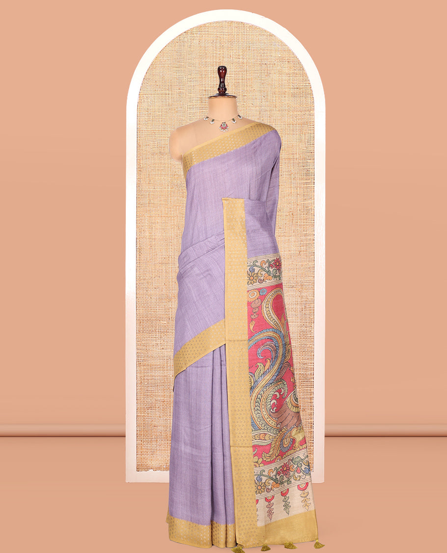 Lavender Plain Fancy Tussar Silk Saree, Contrast Triangle Motif Border, Pallu of Kalamkari Peacock Motifs, and Contrast Kalamkari Printed Blouse