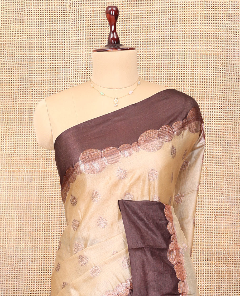Sandal Tussar Silk Saree Features Buttas, Complemented by a Contrast Geometric Zari Border, Intricately Designed Pallu, and a Contrast Blouse