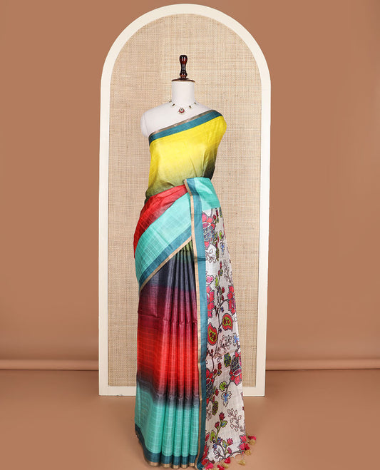 Multi-hue checked ombre-colored tussar silk saree, contrast plain border, and kaleidoscopic-colored floral vine printed pallu