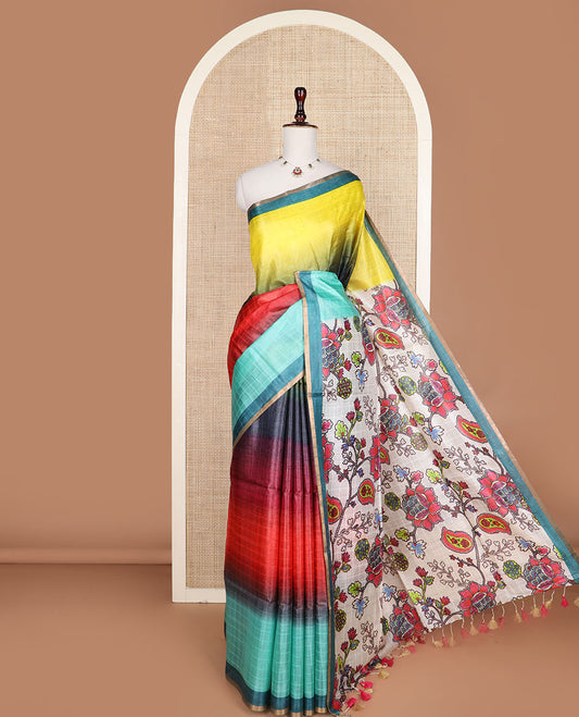 Multi-hue checked ombre-colored tussar silk saree, contrast plain border, and kaleidoscopic-colored floral vine printed pallu