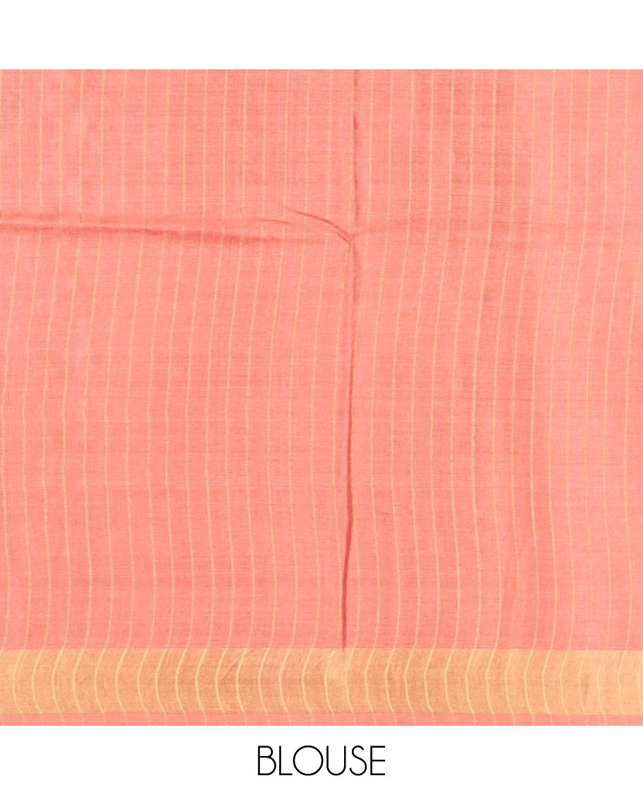 Peach horizontal striped tussar silk saree, zari border and horizontal striped pallu