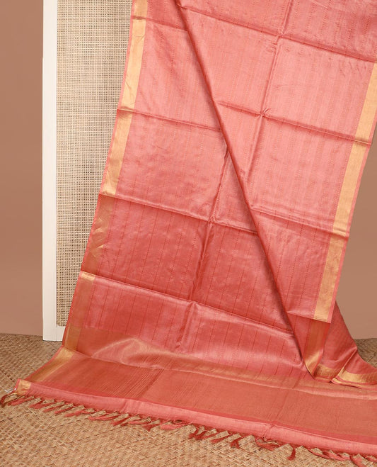 Peach horizontal striped tussar silk saree, zari border and horizontal striped pallu