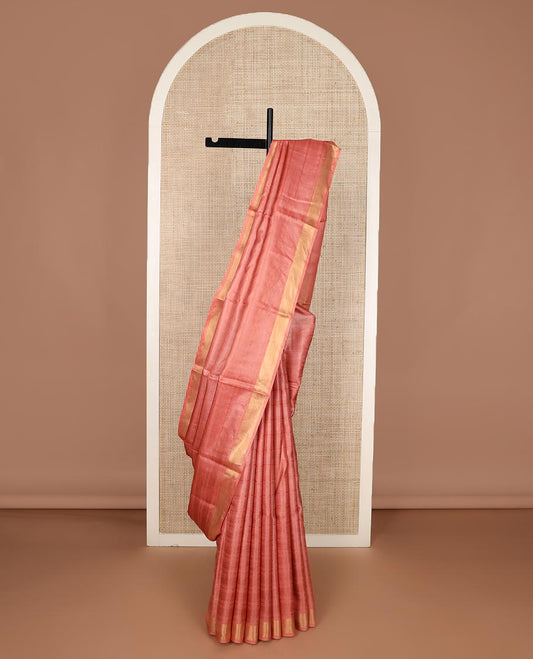 Peach horizontal striped tussar silk saree, zari border and horizontal striped pallu