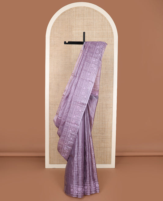 Purple maze patterned thread embroidered tussar saree, floral creeper thread embroidered border