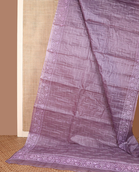 Purple maze patterned thread embroidered tussar saree, floral creeper thread embroidered border