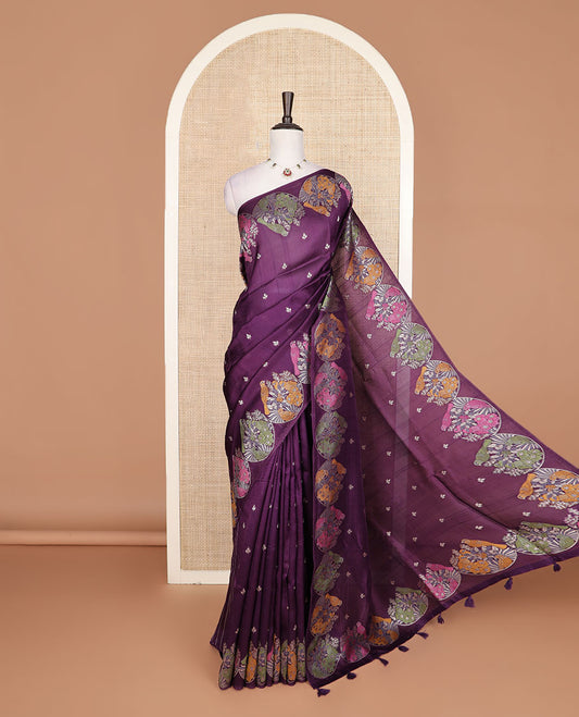 Purple  Matka silk saree features rudraksham motifs, scallop floral motifs and bird embossed thread embroidery border