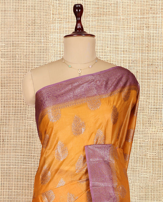 Yellow Tusser Silk Saree, Detailed with Zari Buttas, a Contrast Floral Creeper Zari Border, Grand Pallu, and a Contrast Blouse