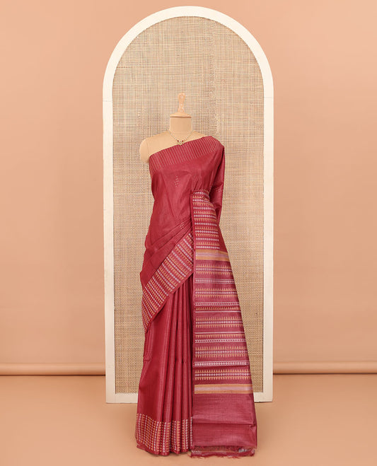 Red buttas tussar silk saree, self-border and pallu of temple and rudraksham designs